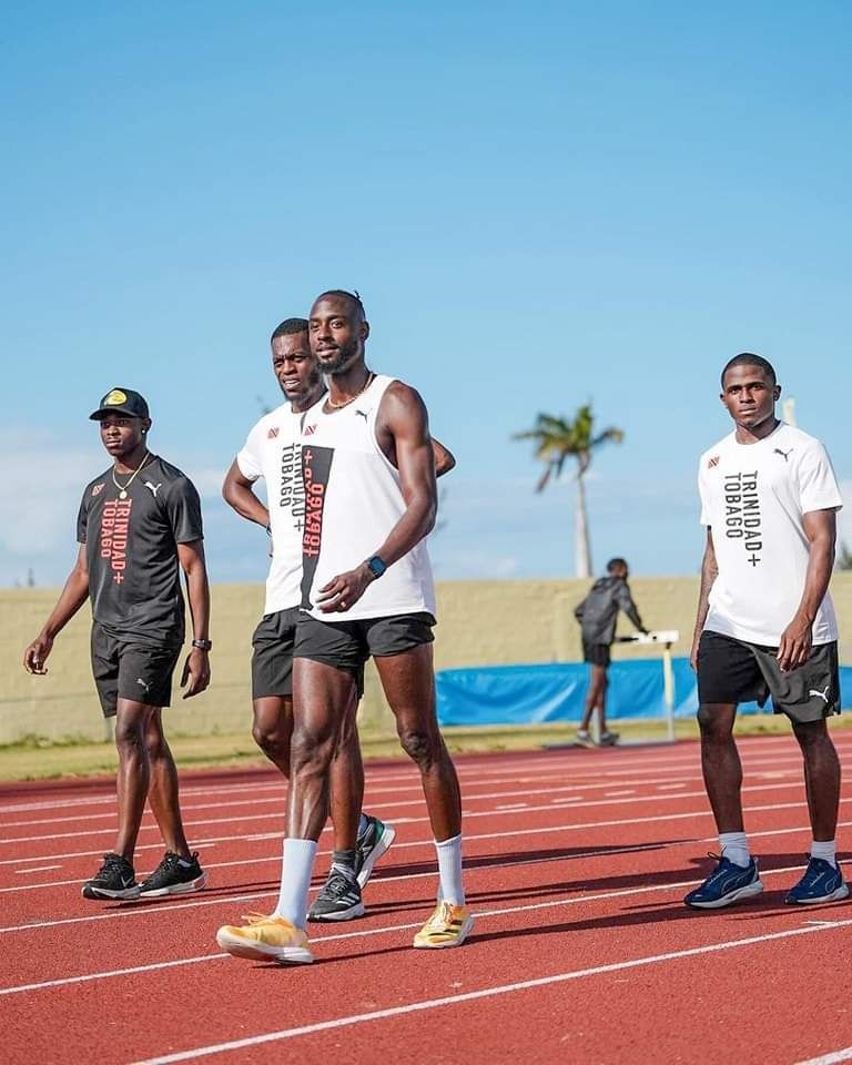 Members of the T&T men's 4x400m team. From.left Shakeem Mc Kay, Joshua St. Clair, Jereem Richards and Che Lara training at the warm up track at the Thomas A Robinson Stadiuim, Nassau, Bahamas. (Photo courtesy WORLD ATHLETICS) (Image obtained at guardian.co.tt)