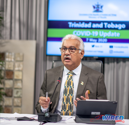 Photo: Minister of Health Terrence Deyalsingh addresses journalists during a virtual media conference on 7 May 2020. (Copyright Ghansham Mohammed/GhanShyam Photography/Wired868)