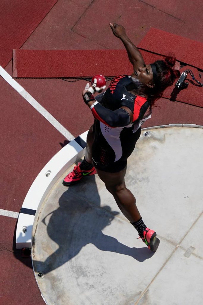 Portious Warren, of Trinidad and Tobago, competes during the finals of the women's shot put at the 2020 Summer Olympics, in Tokyo, on Sunday. (AP PHOTO) -