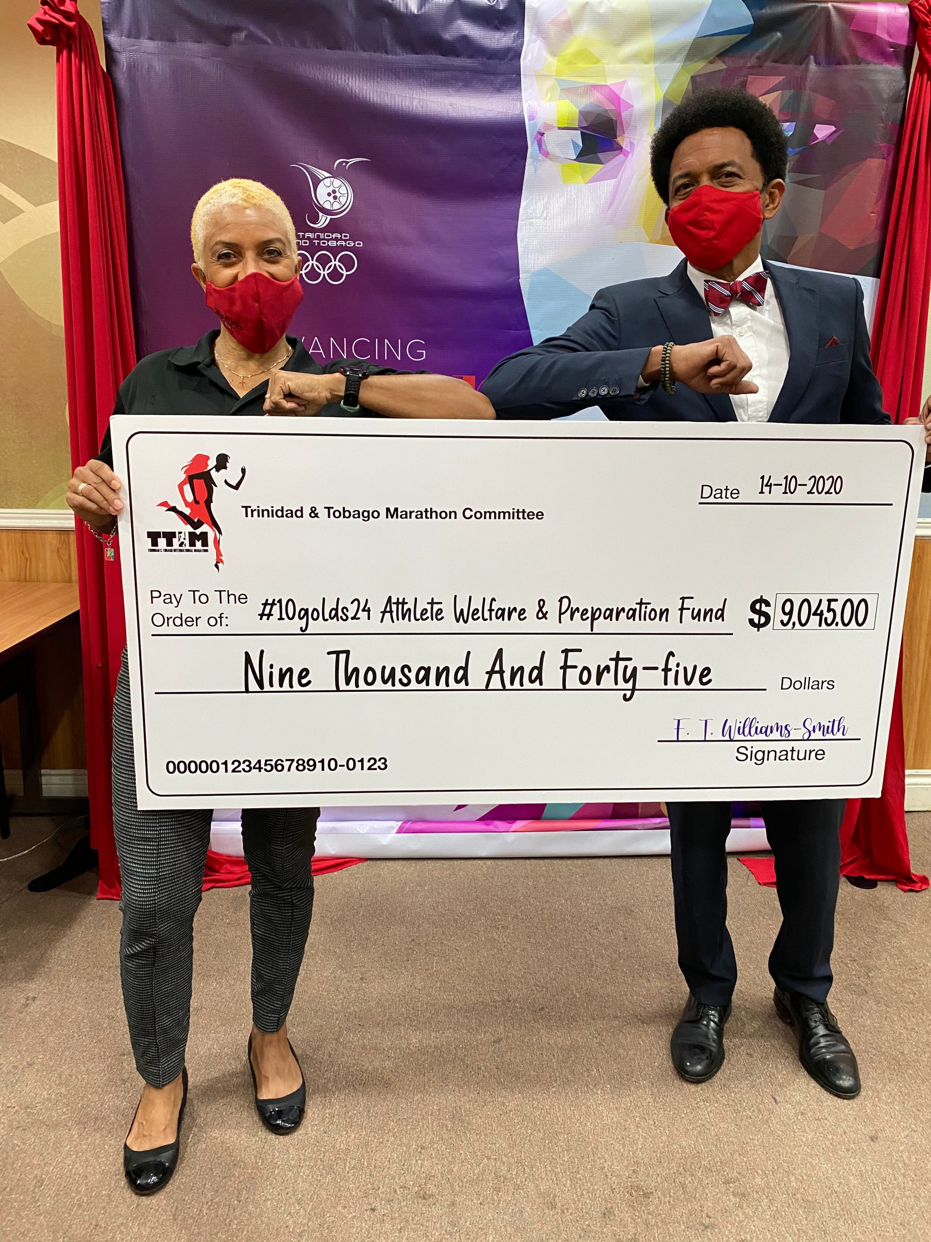 The Trinidad and Tobago Marathon Committee (TTMC) is pleased to close on our charitable obligations in presenting a cheque for $9,045.00 to Mr. Brian Lewis, President of the Trinidad and Tobago Olympic Committee (TTOC) for the #10Golds24 Athlete Welfare & Preparation Fund representing proceeds from the 2020 event