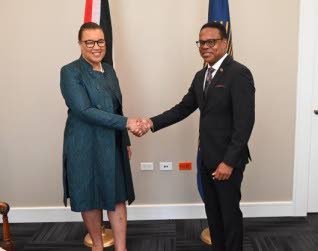 Foreign Affairs Minister Dr Amery Browne, right, meets Commonwealth Secretary-General Patricia Scotland, KC, at the ministry, St Clair, Monday. - (Image obtained at newsday.co.tt)