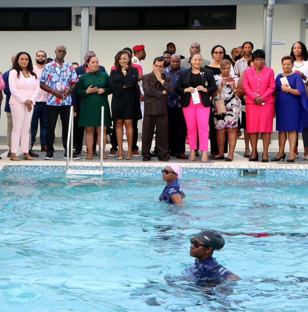 Minister of Sport and Community Development Shamfa-Cudjoe, left, Prime Minster Dr Keith Rowley, D'Abadie/O'Meara MP Lisa Morris-Julian, Minister of Education Nyan Gadsby-Dolly and Arima mayor Balliram Maharaj at the official opening of the D'Abadie/Malabar Community Swimming Pool on Subero Street, Malabar Phase 2, Arima on Friday. - Angelo Marcelle (Image obtained at newsday.co.tt)