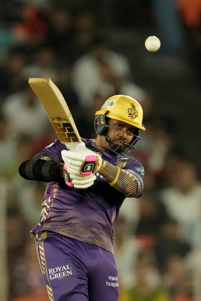 Kolkata Knight Riders' Sunil Narine plays a shot during the Indian Premier League qualifier cricket match between Kolkata Knight Riders and Sunrisers Hyderabad in Ahmedabad, India, on May 21, 2024. (AP Photo) - (Image obtained at newsday.co.tt)