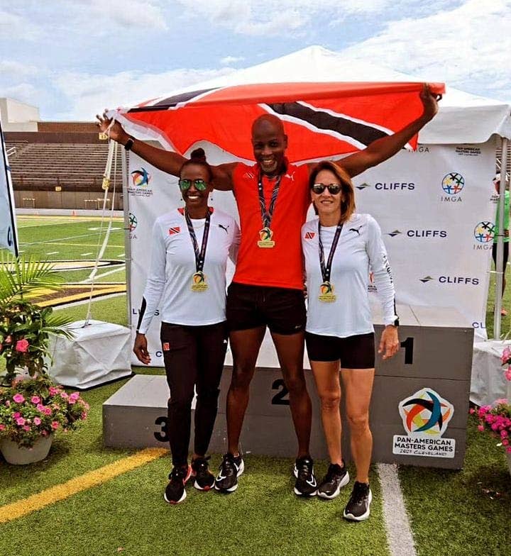 L-R: TT's Michelle Sturge (100m), Murrien Mitchell (100m) and Natasha Kelshall-Pantin (400m) celebrate their golden finishes at the Pan American Masters Track & Field Championship in Cleveland, Ohio. - (Image obtained at newsday.co.tt)
