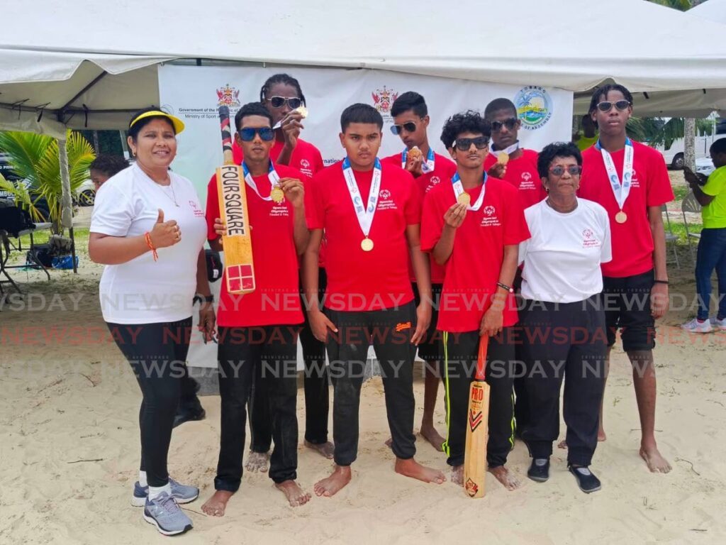 Lady Hochoy Penal celebrate after winning the beach cricket competition at the inaugural Special Olympics Caribbean Initiative Regional Beach Games on day one action at Maracas Bay on November 9. - Photo by Jonathan Ramnanansingh (Image obtained at newsday.co.tt)