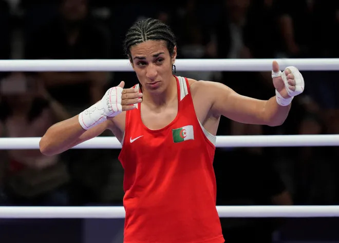 Aug 3, 2024; Paris, France; Image Khelif (ALG) reacts after defeating Anna Luca Hamori (HUN) in a women's 66kg boxing quarterfinal during the Parisa 2024 Olympic Summer Games at North Paris Arena. Mandatory Credit: Katie Goodale-USA TODAY Sports Katie Goodale, Katie Goodale-USA TODAY Sports (Image obtained at usatoday.com)