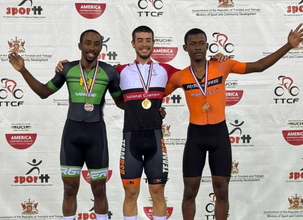 The top three in the elite men's scratch race event, from left, second-placed Akil Campbell, winner Liam Trepte, and third-placed Jadian Neaves. - Photos courtesy TT Cycling Federation (Image obtained at newsday.co.tt)